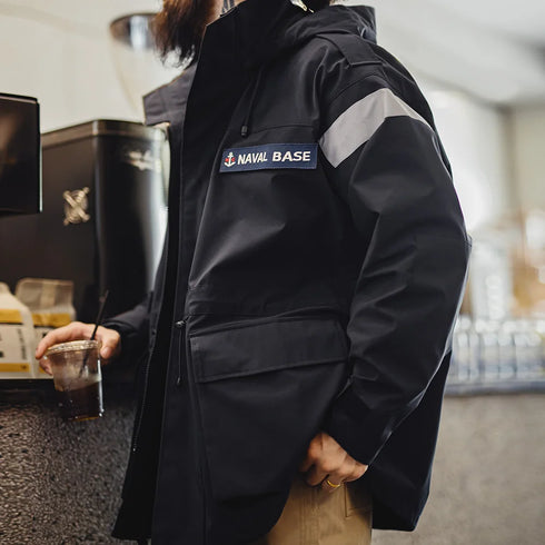 Retro Mid-length Navy Parka – Windproof Hooded Jacket for Autumn and Winter